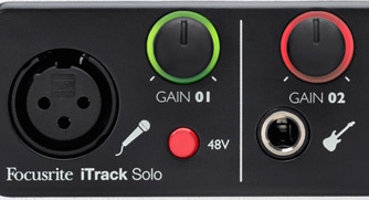 An instrument level preamp typically located at the front and shown with a mic icon and/or guitar.